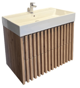 Závesná kúpeľňová skrinka s keramickým umývadlom v dekore dub s matným povrchom o rozmere 60x56x46 cm. Povrch v prevedení lamino.