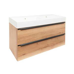 Závesná kúpeľňová skrinka s keramickým umývadlom v prevedení dub Sierra s matným povrchom o rozmere 120x60x46 cm. Povrch v prevedení lamino.