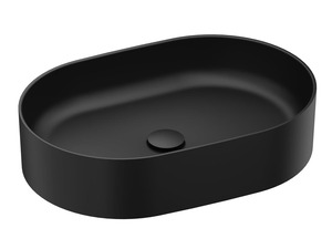 Umývadlo na dosku v čiernej farbe bez otvoru pre batériu, bez prepadu od výrobcu Ravak zo série Ceramic Slim. Rozmery produktu sú 55x37x12 cm.